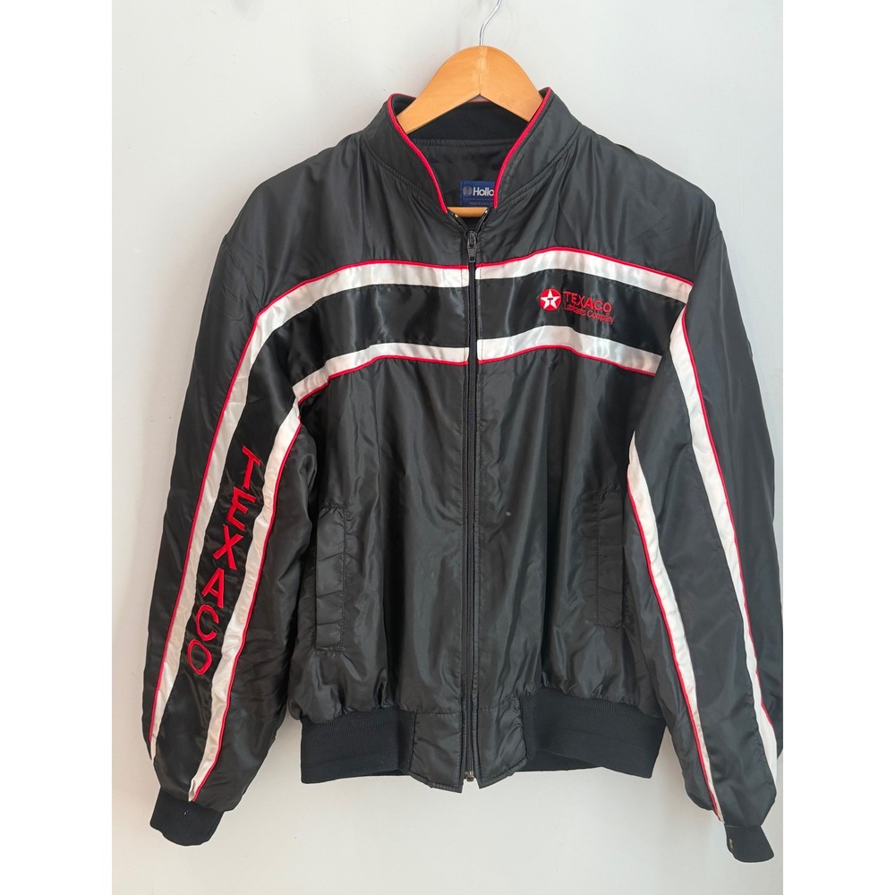 Vintage Holloway Texaco Racing Jacket Black Nylon Bomber Mens L Made In USA